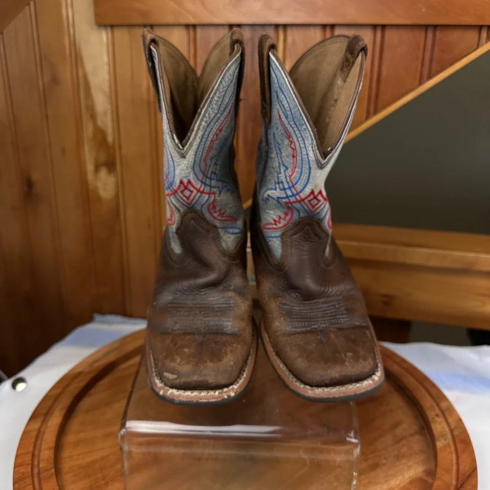 Ariat Kids Western Boots Brown Leather Blue Red Stitching Square Toe Size 1